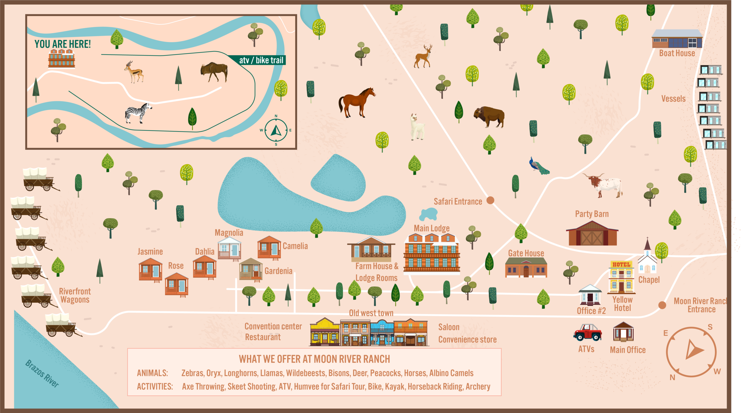 Illustrated ranch property map with points of interest